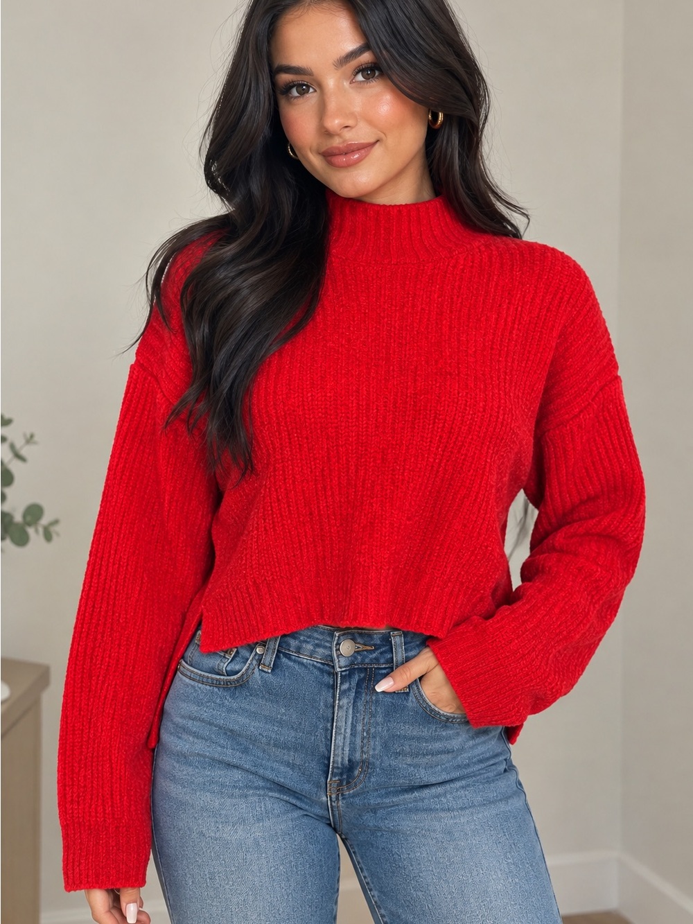 Banana Republic Red Mock Neck Ribbed Sweater